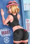  1girl against_wall ass bare_shoulders blue_eyes blush breasts brown_hair cameltoe creatures_(company) from_behind fuzzlogik game_freak hat large_breasts looking_at_viewer looking_back nintendo open_mouth pokemon pokemon_(game) pokemon_xy serena_(pokemon) shiny shiny_hair short_hair shorts sideboob smile solo thighhighs 