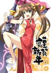  brown_hair china_dress chinese_clothes dress fang fighting_stance green_eyes hair_ribbon huang_lingyin infinite_stratos legs long_hair long_legs new_year open_mouth polearm red_dress ribbon solo soukai_(lemonmaiden) thighs translated twintails weapon 