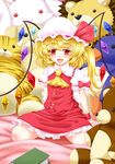  archienemy ascot blonde_hair blush book bow fang flandre_scarlet hat hat_ribbon open_mouth red_eyes ribbon short_hair side_ponytail sitting skirt skirt_set smile solo stuffed_animal stuffed_bunny stuffed_cat stuffed_dog stuffed_lion stuffed_penguin stuffed_toy teddy_bear touhou toy wings wrist_cuffs 