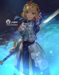  1girl ahoge armor armored_dress artoria_pendragon_(all) blonde_hair blue_ribbon braid breastplate commentary english_commentary excalibur fate/grand_order fate/stay_night fate_(series) faulds french_braid gauntlets green_eyes hair_bun hair_ribbon holding holding_sword holding_weapon jet_kimchrea reverse_grip ribbon saber standing sword weapon 