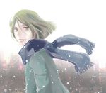  coat fate/zero fate_(series) green_eyes green_hair male_focus mican0216 scarf snowing solo waver_velvet winter_clothes 