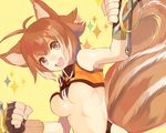 ahoge animal_ears armpits bad_id bad_pixiv_id bare_shoulders blazblue breasts brown_eyes brown_hair face fingerless_gloves gloves hyakuhachi_(over3) large_breasts makoto_nanaya open_mouth revealing_clothes short_hair solo squirrel_ears squirrel_tail tail tonfa underboob weapon yellow_background 