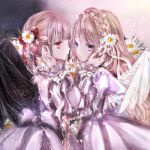  2girls album_cover angel_and_devil bangs bat_wings black_wings blue_eyes braid brown_hair commentary_request cover crown_braid daisy dress eye_contact face-to-face flower frilled_sleeves frills hair_flower hair_ornament hair_ribbon hands_on_another&#039;s_face himemurasaki light_frown long_hair long_sleeves looking_at_another multiple_girls original purple_dress red_eyes red_ribbon ribbon sleeve_ribbon striped striped_ribbon twin_braids very_long_hair white_flower white_ribbon white_wings wings yuri 
