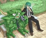  3_1 alcohol beer bench can cigarette claws contemporary death_pisaro dragon_quest dragon_quest_iv extra_eyes fangs formal hero_(dq4) horns male_focus monster necktie parody pisaro smoking spikes suit 