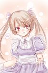  bad_id bad_pixiv_id blush brown_hair cilfy dress heart long_hair looking_at_viewer maid phantasy_star phantasy_star_portable_2_infinity phantasy_star_universe puffy_sleeves purple_dress red_eyes short_sleeves sketch skirt_hold solo spoken_blush twintails 