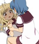  blonde_hair blue_hair brown_eyes furutani_himawari hairband lying multiple_girls nanamori_school_uniform negetsu on_back oomuro_sakurako open_mouth school_uniform serafuku translated yuri yuru_yuri 