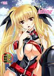  bare_shoulders belt black_legwear blonde_hair breasts cleavage cover cover_page doujin_cover fate_testarossa finger_to_mouth hair_ribbon hand_on_own_chest kanna_(plum) large_breasts licking long_hair looking_at_viewer lyrical_nanoha mahou_shoujo_lyrical_nanoha_strikers no_bra open_clothes open_mouth open_shirt rating red_eyes ribbon shirt solo thighhighs tongue torn_clothes twintails very_long_hair 