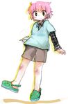  bare_knees blush english green_eyes hade_na_kangofu hadekan original paper_airplane paper_plane pink_hair shirt short_hair shorts 