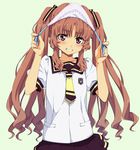  ano_natsu_de_matteru brown_eyes curly_hair green_background grin hair_ribbon lace lace-trimmed_panties light_brown_hair long_hair looking_at_viewer necktie object_on_head official_style panties panties_on_head puffy_sleeves ribbon saipaco school_uniform serafuku side-tie_panties smile solo string_panties twintails underwear yamano_remon 