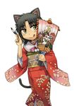  animal_ears black_hair carp cat_ears cat_tail daruma_doll fan fish flower hagoita highres ike_(altitude_attitude) japanese_clothes kimono kurona_(neko_musume_michikusa_nikki) maneki-neko neko_musume_michikusa_nikki new_year paddle pencil solo tail tongue yellow_eyes 