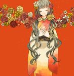  brown_rose buzz closed_eyes fingernails flower hair_flower hair_ornament japanese_clothes kimono orange_(color) orange_background orange_flower orange_rose original red_flower red_rose rose seigaiha simple_background solo twintails yellow_flower yellow_rose 