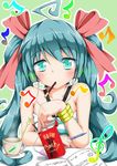  aqua_eyes aqua_hair bad_id bad_pixiv_id beamed_eighth_notes bracelet brand_name_imitation cup digital_media_player eighth_note food hair_ornament hair_ribbon hatsune_miku headphones highres jewelry listening_to_music long_hair looking_at_viewer mouth_hold musical_note pen pocky ribbon solo spring_onion treble_clef twintails upper_body vocaloid yopparai_oni 