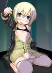 arm_grab blonde_hair blue_eyes blush boots bra bra_pull collarbone erica_hartmann flat_chest jacket lingerie mozu_(peth) no_pants open_clothes open_mouth open_shirt panties panty_pull pussy shirt short_hair sitting solo strike_witches underwear world_witches_series 