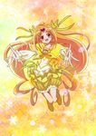  bad_id bad_pixiv_id blush boots bow brooch bubble_skirt circlet cure_muse_(yellow) earrings eighth_note frills full_body hair_ribbon heart jewelry jumping long_hair magical_girl musical_note no_choker orange_hair outstretched_hand precure red_eyes ribbon shirabe_ako skirt smile solo suite_precure teri_(tukinohikari24) yellow yellow_background yellow_bow yellow_ribbon yellow_skirt 