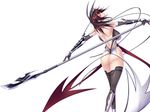  1girl aoi_nagisa_(artist) ass back bare_back black_lilith breasts brown_hair elbow_gloves female game_cg gauntlets girl gloves hair_ribbon looking_back milf mizuki_shiranui polearm red_eyes red_hair ribbon short_hair simple_background solo spear standing taimanin_yukikaze thighhighs weapon white_background 