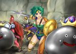  2girls alena_(dq4) armor ass asymmetrical_clothes battle blue_eyes boots breasts cape circlet claws cleavage crown curly_hair dragon_quest dragon_quest_iv dress earrings facial_hair gloves green_hair hat helmet heroine_(dq4) jewelry large_breasts long_hair metal_king multiple_girls mustache open_mouth orange_hair pantyhose punching ryan_(dq4) shield short_hair single_thighhigh sword thigh_strap thighhighs tomw weapon 