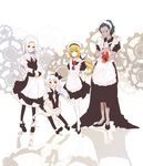  3girls artoria_pendragon_(all) bad_id bad_pixiv_id blonde_hair bow caster_(fate/zero) censored fate/zero fate_(series) gears hair_bow illyasviel_von_einzbern irisviel_von_einzbern maid maid_headdress mosaic_censoring mother_and_daughter multiple_girls odd_one_out pantyhose ponytail saber thighhighs white_hair yonema 