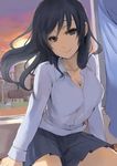  black_eyes black_hair breasts building cleavage curtains house large_breasts long_hair looking_at_viewer original pepe_(jonasan) pleated_skirt school_uniform sitting skirt sky smile solo sunset window 