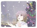  andou_shuuki blush brown_hair christmas_tree city cityscape hagiwara_yukiho idolmaster idolmaster_(classic) looking_up short_hair skyline smile snowflakes snowing solo yellow_eyes 