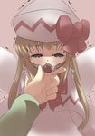  arms_behind_back ball_gag blonde_hair bow chin_grab commentary empty_eyes gag gagged gaoo_(frpjx283) hat lily_white long_hair solo tears touhou translated trembling wings 
