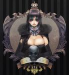  black_hair blue_eyes breasts bustier cleavage elbow_gloves gloves highres large_breasts lips long_hair nicole_pmonachi original skull smile solo upper_body 