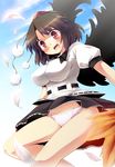  blush breasts brown_hair cloud day feathers hat impossible_clothes impossible_shirt large_breasts leaf looking_at_viewer open_mouth panties red_eyes shameimaru_aya shirt short_hair sky solo tekehiro tokin_hat touhou underwear white_panties wings 