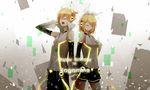  1girl bad_id bad_pixiv_id blonde_hair brother_and_sister closed_eyes detached_sleeves hair_ornament hair_ribbon hairclip headphones highres kagamine_len kagamine_len_(append) kagamine_rin kagamine_rin_(append) lyodi ribbon short_hair shorts siblings smile twins vocaloid vocaloid_append 