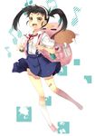  backpack bag bakemonogatari bandaid bandaid_on_leg black_hair blush bracelet brown_eyes child fang full_body hachikuji_mayoi hair_ribbon hairband jewelry kneehighs kouji_(campus_life) monogatari_(series) nisemonogatari open_mouth ribbon solo stuffed_toy suspenders twintails white_legwear 