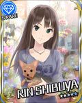  artist_request black_hair card_(medium) character_name diamond_(symbol) dog earrings flower_shop green_eyes hanako_(idolmaster) idolmaster idolmaster_cinderella_girls jewelry long_hair necklace official_art shibuya_rin shirt shop smile solo star yorkshire_terrier 