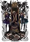  2girls another_roman blonde_hair blue_eyes dress feathers flower gothic_lolita hair_ornament hiver_laurant hortense lolita_fashion multiple_girls roman silver_hair skeleton skull sound_horizon throne violette weed_(astarone) 