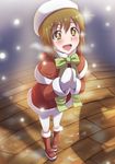  1girl beret boots bow brown_eyes brown_hair dan_(orange_train) from_above hagiwara_yukiho hands_together hat idolmaster idolmaster_(classic) mittens open_mouth own_hands_together pantyhose santa_boots short_hair smile solo 