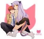  1girl angel_beats! animal_ears ass blazer blush brown_eyes brown_hair cat_ears dress_shirt jacket kemonomimi_mode kirishita_yuuji kneehighs long_hair looking_back necktie no_panties otonashi_(angel_beats!) pants school_uniform shinda_sekai_sensen_uniform shirt short_hair silver_hair skirt socks sweatdrop tail tenshi_(angel_beats!) white_legwear yellow_eyes 