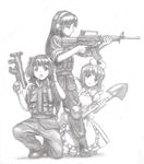  amami_haruka aouma bad_id bad_pixiv_id graphite_(medium) gun hagiwara_yukiho heart highres idolmaster idolmaster_(classic) kisaragi_chihaya long_hair monochrome multiple_girls shovel traditional_media weapon 