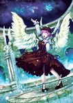  animal_ears arch arm_up brown_dress closed_eyes danbo_(rock_clime) dress hand_on_own_chest hat head_wings high_heels highres music mystia_lorelei open_mouth pedestal pillar pink_hair shirt shoes short_hair singing solo statue touhou water well wings 