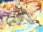  2girls amata_sora amatsuki_colors aquarion_(series) aquarion_evol blue_eyes green_hair hair_bun kagura_demuri mikono_suzushiro multiple_boys multiple_girls purple_eyes purple_hair red_eyes red_hair tears zessica_wong 