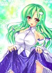  bare_shoulders blush breasts brown_eyes detached_sleeves frog green_hair hair_ornament kochiya_sanae large_breasts long_hair md5_mismatch open_mouth shirt skirt skirt_lift smile snake solo takeda_aranobu taut_clothes taut_shirt touhou very_long_hair 
