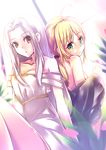  absurdres ahoge artoria_pendragon_(all) bad_id bad_pixiv_id blonde_hair dress fate/stay_night fate/zero fate_(series) green_eyes hair_ribbon highres irisviel_von_einzbern long_hair mikoto_(mio) multiple_girls ponytail red_eyes ribbon saber white_hair 