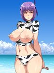  ayane_(doa) blush breasts cloud day dead_or_alive enoshima_iki headband highres huge_breasts navel navel_piercing nipple_piercing nipples ocean piercing puffy_nipples purple_hair red_eyes shiny shiny_skin sky solo water waves 