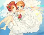  1girl bad_id bad_pixiv_id bare_shoulders barefoot blush bouquet bridal_veil bride carrying dress feet flower grin hasuike_an inazuma_eleven inazuma_eleven_(series) jewelry nagumo_haruya orange_hair princess_carry red_hair short_hair smile veil wedding_dress yellow_eyes yoyoyotto 