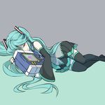  aqua_hair closed_eyes detached_sleeves hatsune_miku hug long_hair lying mecha rkp robot science_fiction skirt smile soundwave thighhighs very_long_hair vocaloid 