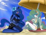  anthro anthrofied beach bikini blue blue_hair blush bonbon_(mlp) breasts cleavage clothed clothing cutie_mark equine eyewear female flower friendship_is_magic fur green_eyes green_hair hair hooves horn long_hair looking_at_viewer magic mammal multi-colored_hair my_little_pony navel outside pegasus princess princess_celestia_(mlp) princess_luna_(mlp) purple_hair royalty sand seaside short_hair skimpy sky sssonic2 sunglasses swimsuit thighs tight_clothing unicorn white white_fur winged_unicorn wings 