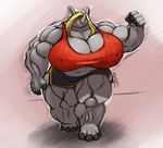  anthro big_breasts blonde_hair breasts dem_thighs female fist flexing gray_skin grey_skin hair horn hyper kazecat large looks_like_my_old_lunchlady mammal muscles muscular_female nipples pose rhino rhinoceros simple_background skirt solo spandex svetlana thick_thighs voluptuous 