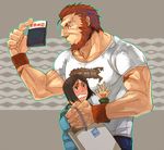  backpack bad_id bad_pixiv_id bag bangs beard black_hair blush book casual command_spell facial_hair fate/zero fate_(series) green_eyes height_difference male_focus manly multiple_boys ousder outline parted_bangs red_eyes red_hair rider_(fate/zero) shirt size_difference t-shirt waver_velvet 