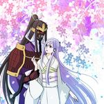  1girl armor bleach bleach:_zanpakutou_ibun_hen blue_eyes flower gloves hair_ornament japanese_armor japanese_clothes kimono kote lavender_hair long_hair mask personification sakurai_(f/l) samurai senbonzakura shoulder_armor sode sode_no_shirayuki very_long_hair wrist_grab 