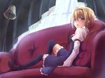  adapted_costume alice_margatroid ankle_boots bad_id bad_pixiv_id black_legwear blonde_hair blue_eyes blue_skirt boots breasts colored_eyelashes couch curtains frilled_skirt frills hairband lamp long_sleeves looking_back lying on_back open_mouth oukawa_yuu pillow puffy_sleeves shoes short_hair sitting skirt small_breasts solo thighhighs touhou window zettai_ryouiki 