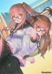  2girls :3 back-to-back bangs belly_peek black_legwear black_ribbon black_skirt blurry blush breasts brown_eyes brown_hair building depth_of_field eyebrows_visible_through_hair flying_sweatdrops girls_frontline glasses hair_between_eyes hair_ornament hair_over_shoulder hair_ribbon hairclip hanato_(seonoaiko) jacket lifting_person locked_arms long_hair looking_at_viewer medium_breasts multiple_girls one_side_up open_mouth pleated_skirt ribbon sailor sailor_collar scar scar_across_eye school school_yard skirt smile sparkle surprised thighhighs thighs twintails twitter_username ump45_(girls_frontline) ump9_(girls_frontline) wind wind_lift yellow_eyes 