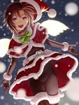  belt bodysuit bow bowtie brown_hair choker christmas hat heart idolmaster idolmaster_(classic) kikuchi_makoto nekopuchi open_mouth santa_costume santa_hat short_hair snow solo striped 