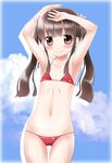  armpits arms_up bare_shoulders bikini brown_eyes brown_hair cloud day flat_chest highres long_hair looking_at_viewer md5_mismatch navel noto_(soranoto) original sky smile solo swimsuit thigh_gap twintails 