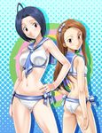  ahoge ass between_breasts bikini blue_hair breasts brown_hair hairband hand_on_hip hat idolmaster idolmaster_(classic) long_hair looking_back minase_iori miura_azusa muhi11234 multiple_girls navel necktie one_eye_closed pink_eyes red_eyes sailor_bikini sailor_collar sailor_swimsuit_(idolmaster) shadow shiny shiny_skin side-tie_bikini skindentation smile swimsuit 