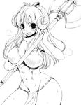  1girl abs axe blush breasts horns large_breasts loincloth long_hair mofuringu monochrome monster_girl open_mouth solo weapon 